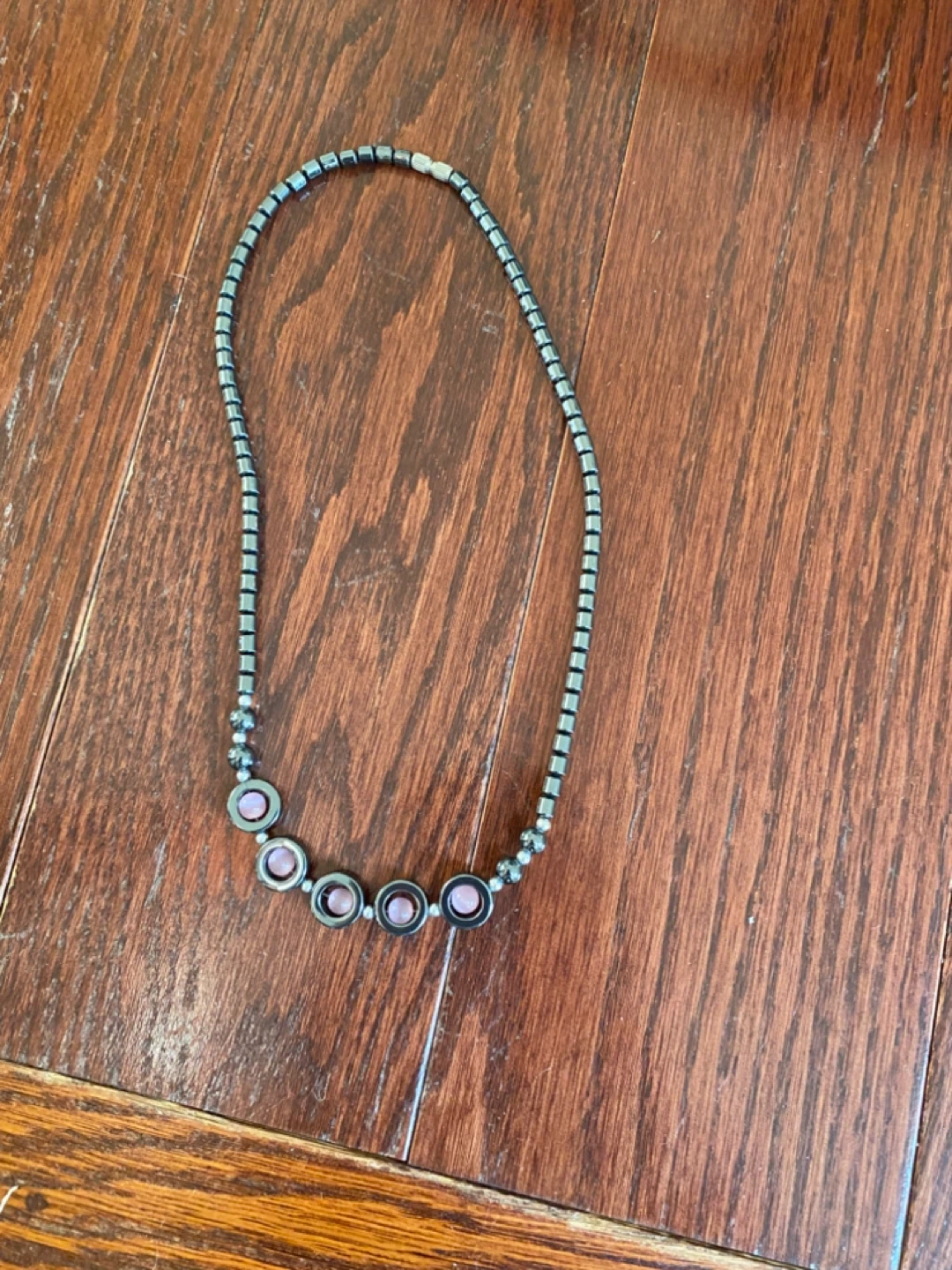 Vintage Hematite Necklace with Pink Cat's Eye Beads