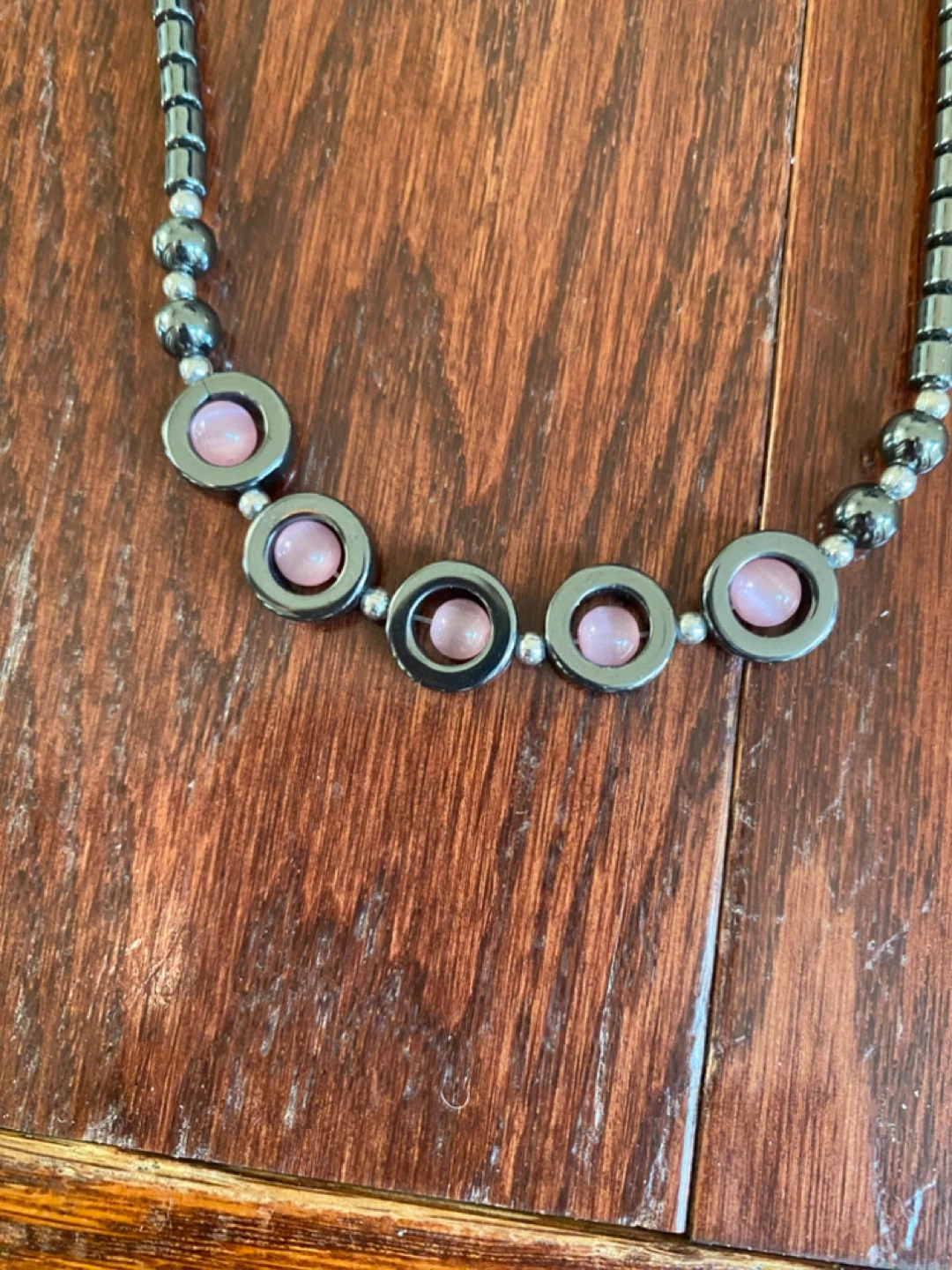 Vintage Hematite Necklace with Pink Cat's Eye Beads - photo 2