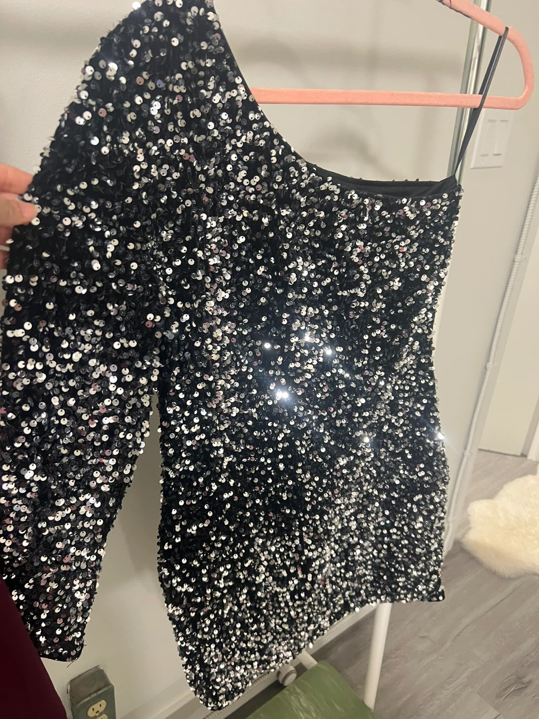 Black Sequined One-Shoulder Mini Dress - photo 3