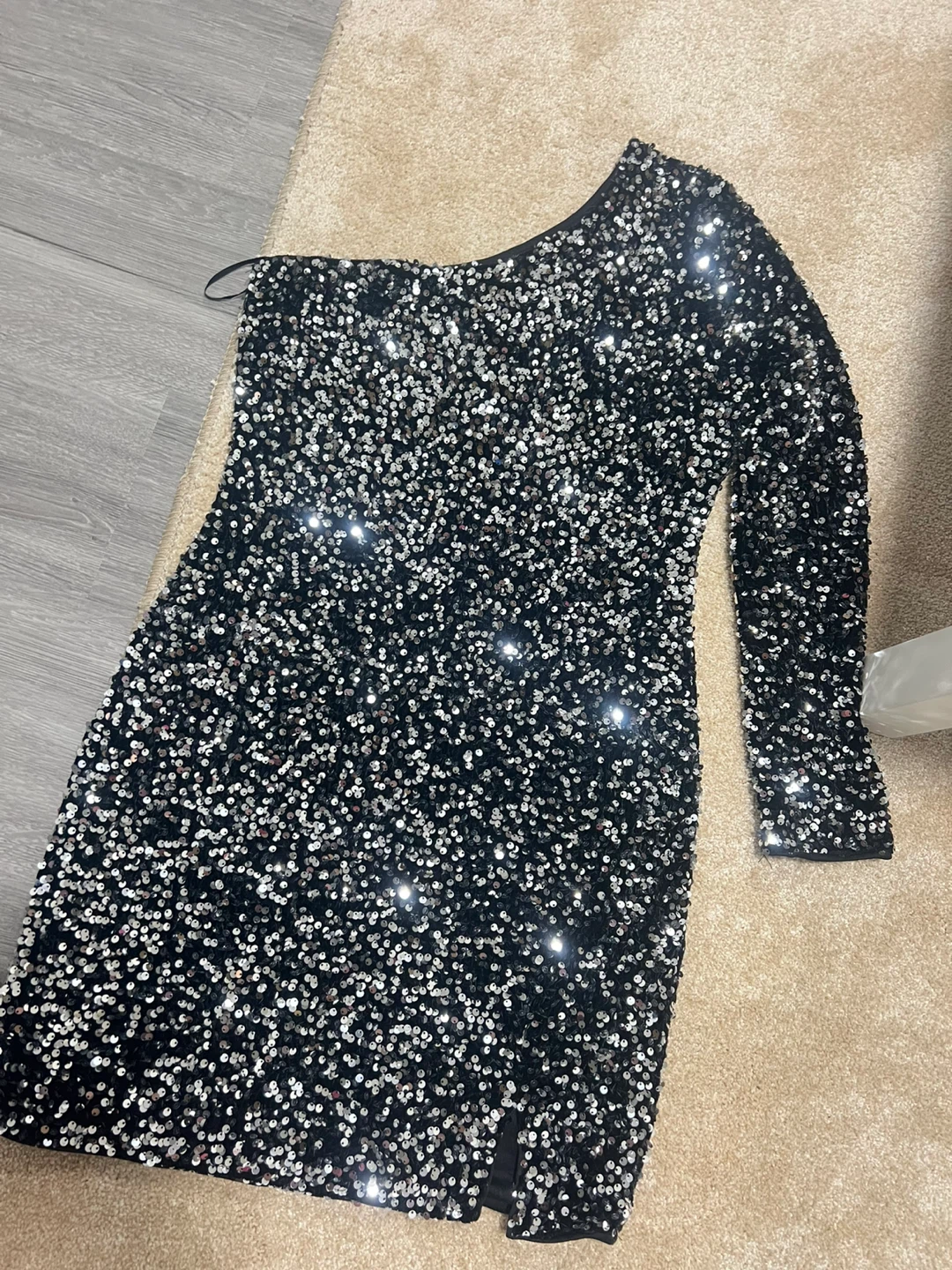 Black Sequined One-Shoulder Mini Dress
