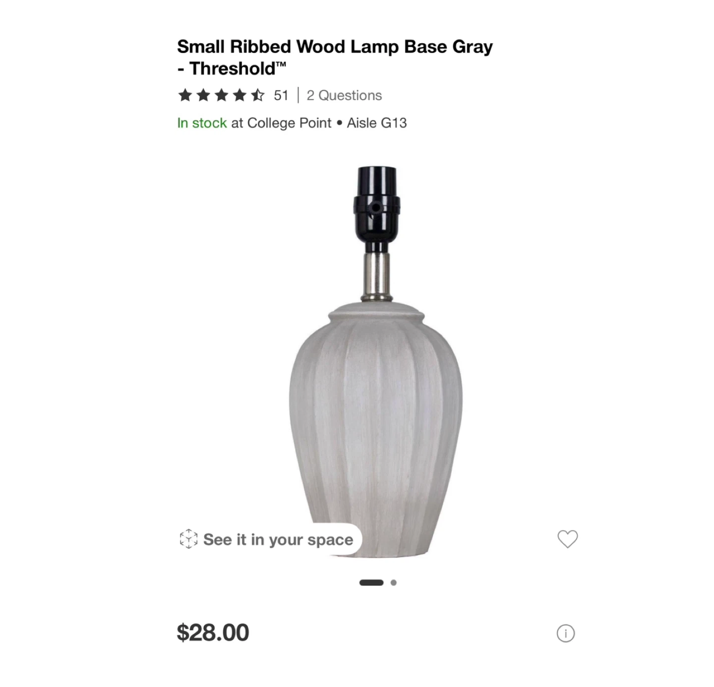 Brand new Threshold Small Ribber Wood Lamp Base - Gray - photo 3