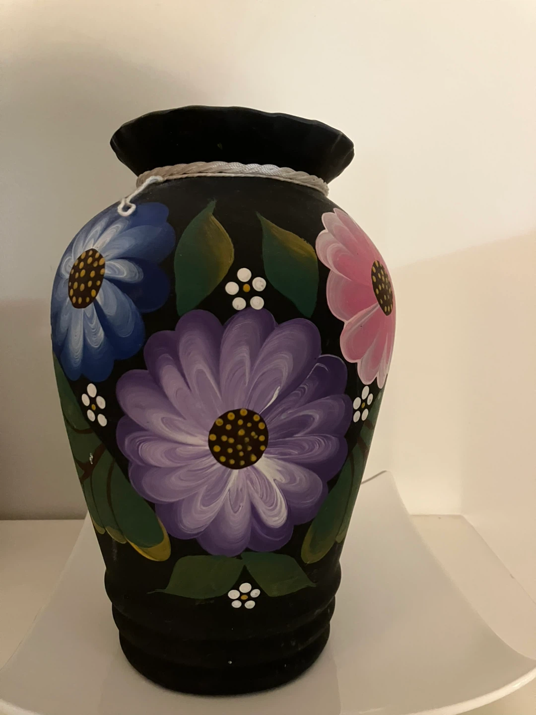 Hand-Painted Black Ceramic Vase with Floral Design
