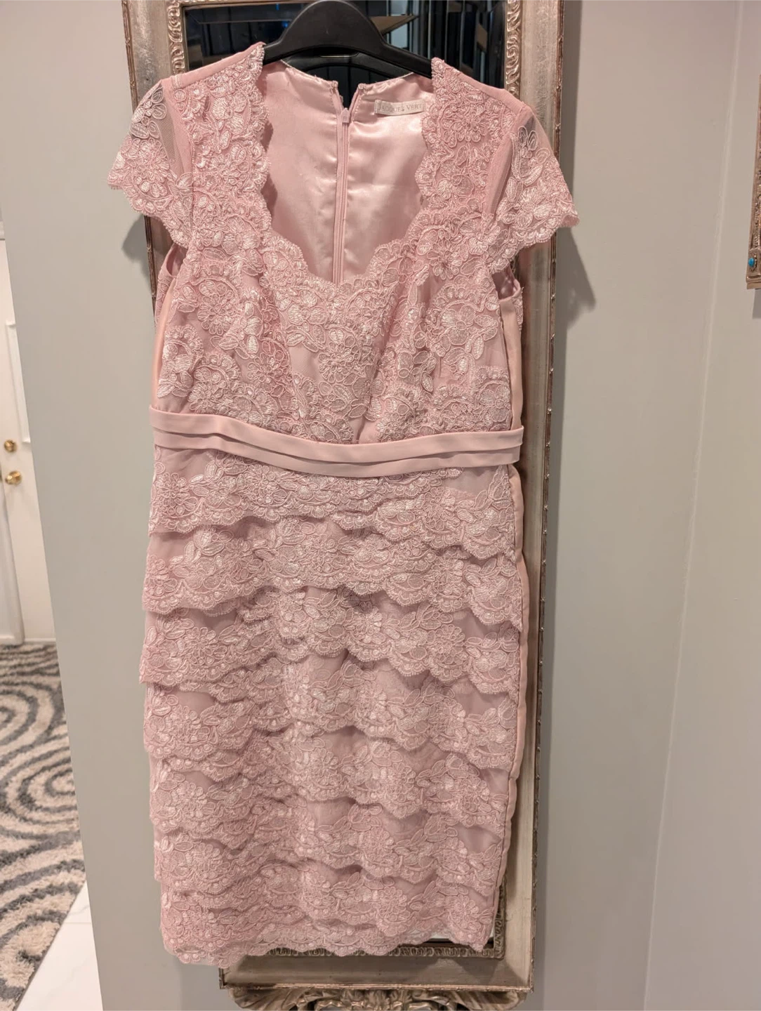 Jacques vert pink Lace Dress with Bow Accent