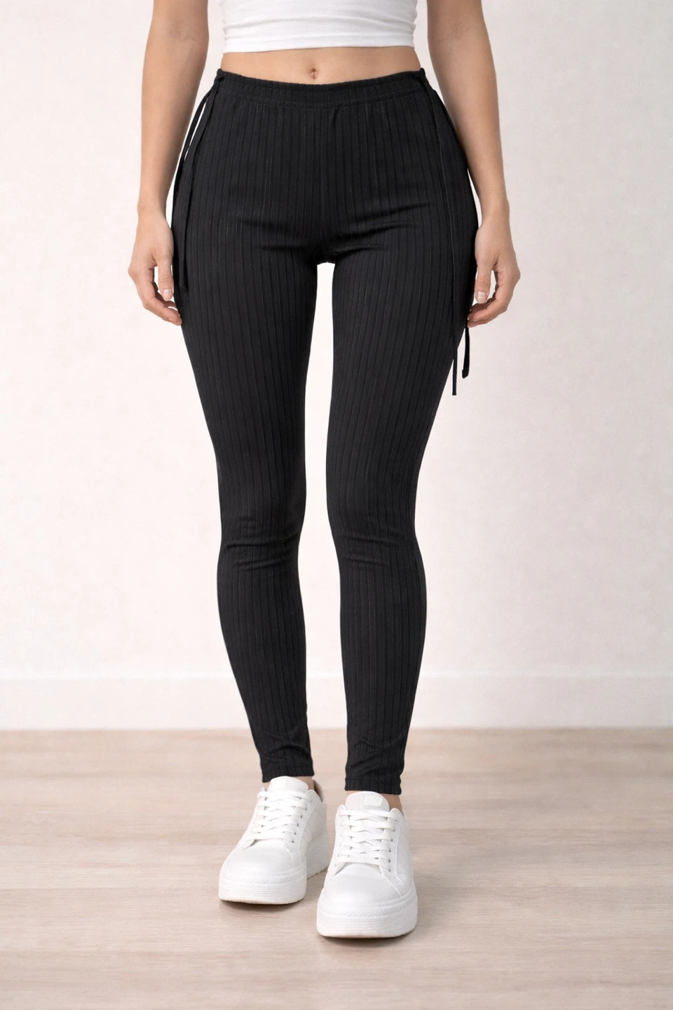 Black Ribbed Leggings with Side Ties