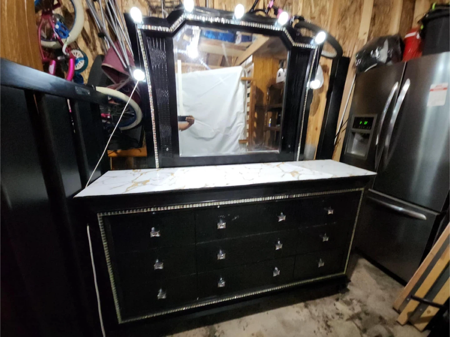 Black Dresser with Hollywood Mirror and Lights