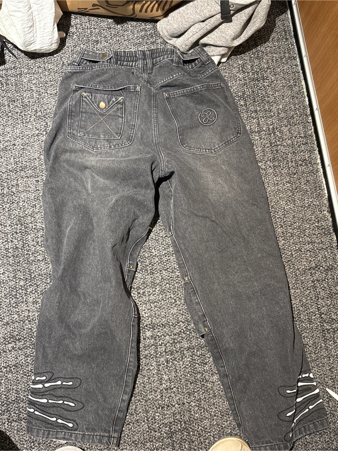 Baggy Black Wash Denim Jeans with Skeleton Bone Detail
