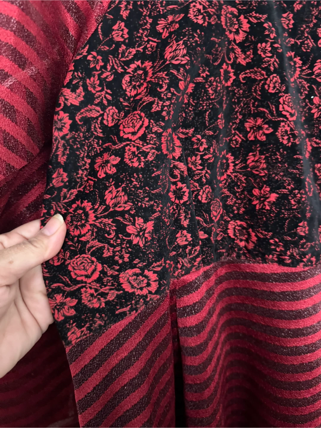 Red and Black Striped Dress with Floral Bodice - photo 2