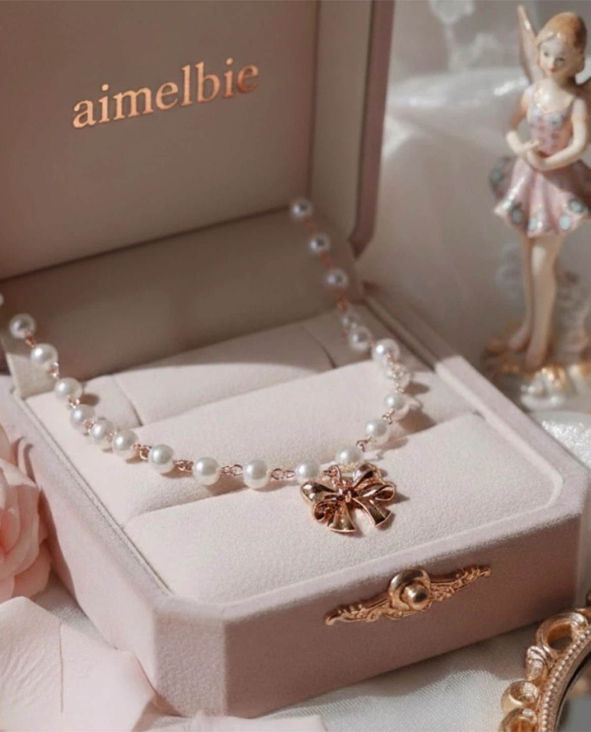 Pearl Choker with Bow Charm & Flower Necklace
