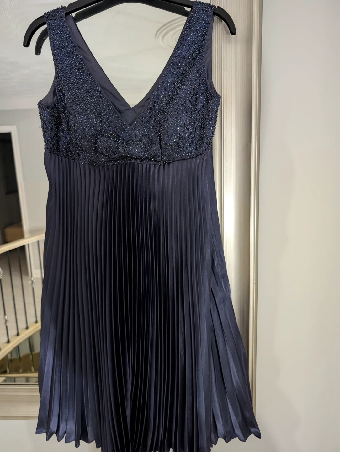 Navy Beaded Bodice Pleated Dress