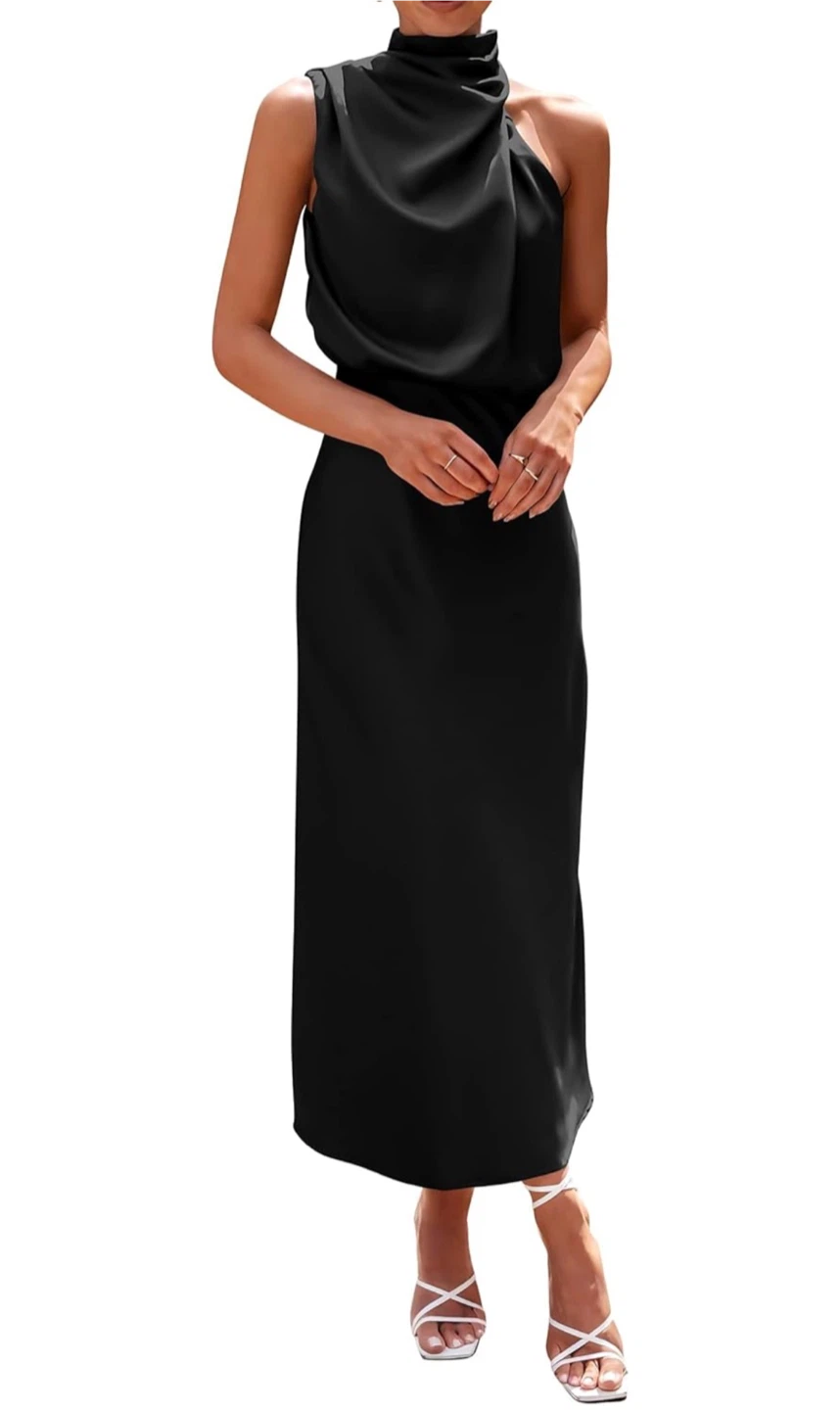 NEW! PRETTYGARDEN Elegant Black Halter Neck Satin Midi Dress