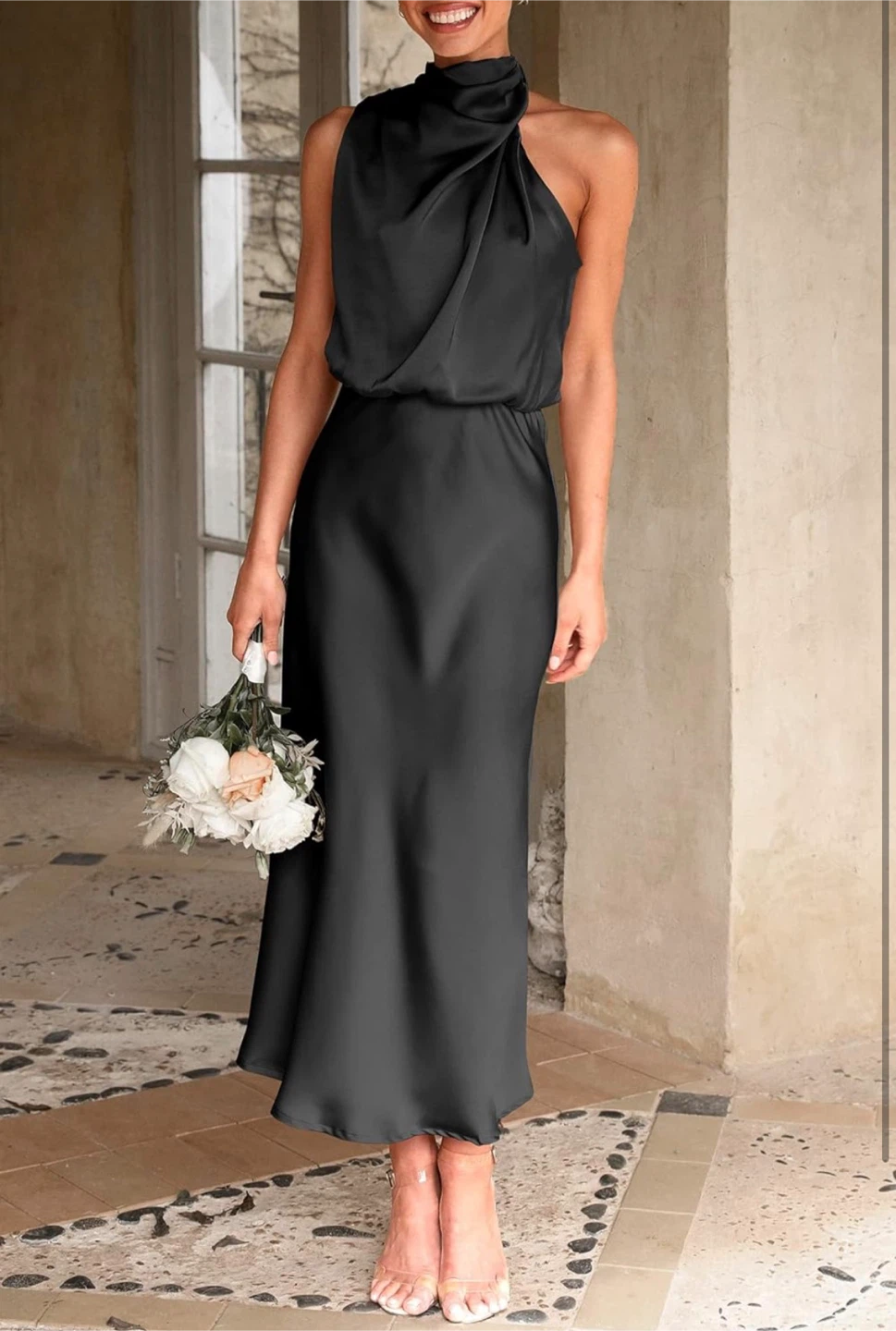 NEW! PRETTYGARDEN Elegant Black Halter Neck Satin Midi Dress - photo 2