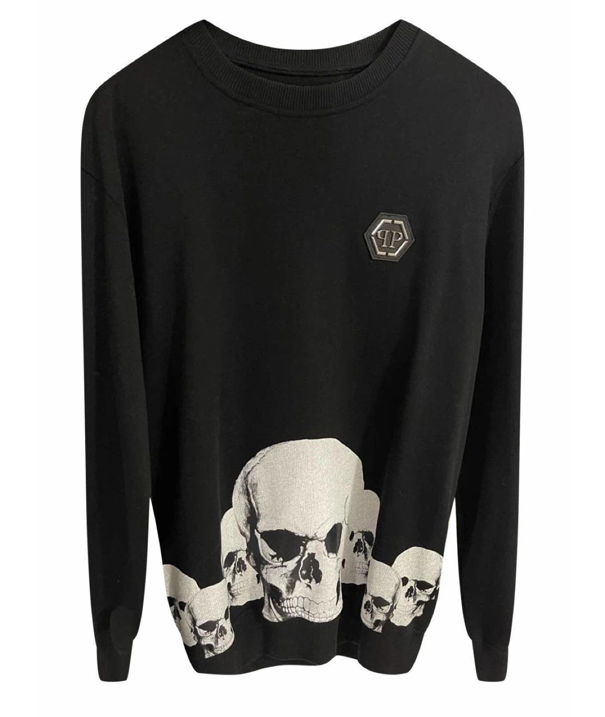 PHILIPP PLEIN BLACK COTTON SKULL PRINT CREWNECK SWEATER