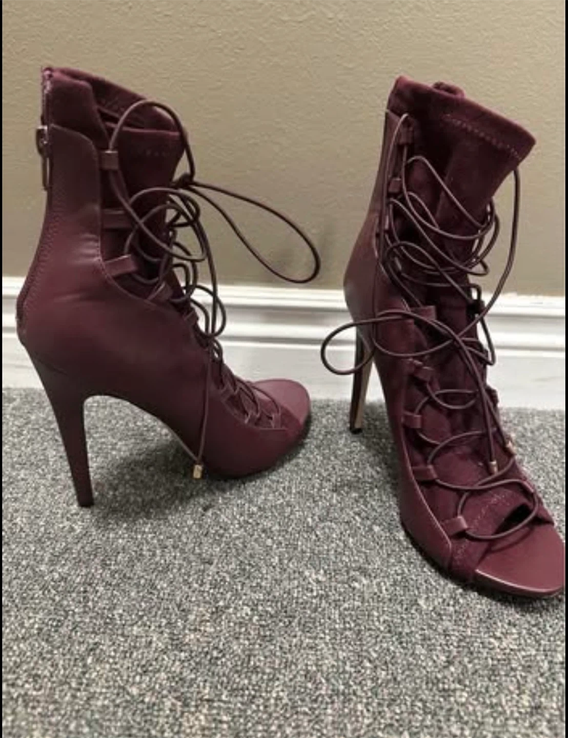 Burgundy Lace-Up Peep-Toe Heels