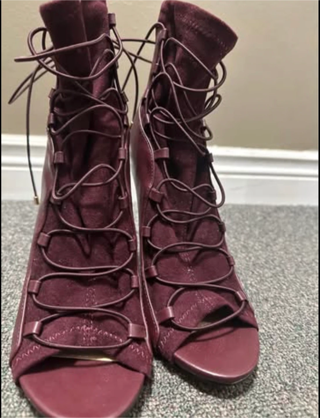 Burgundy Lace-Up Peep-Toe Heels - photo 2