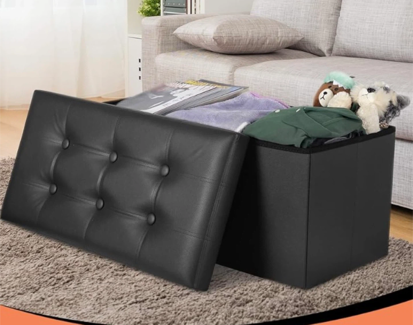 Black Tufted Storage Ottoman Bench - photo 2