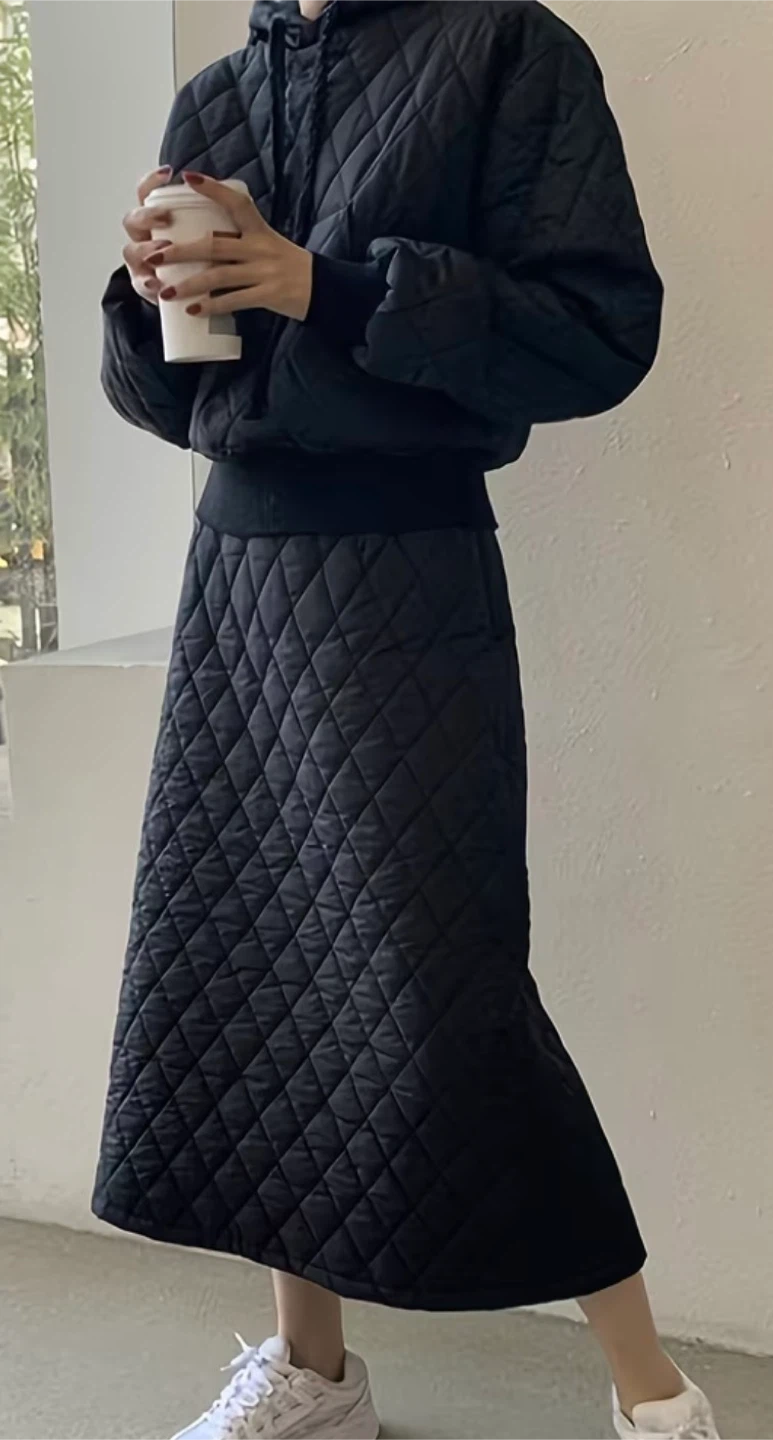 Black Quilted Padded Sweatshirt + High-Waisted A-Line Skirt Set