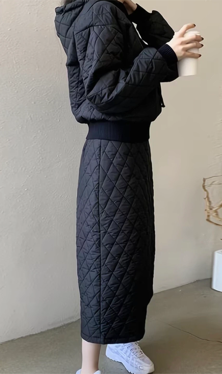 Black Quilted Padded Sweatshirt + High-Waisted A-Line Skirt Set - photo 2