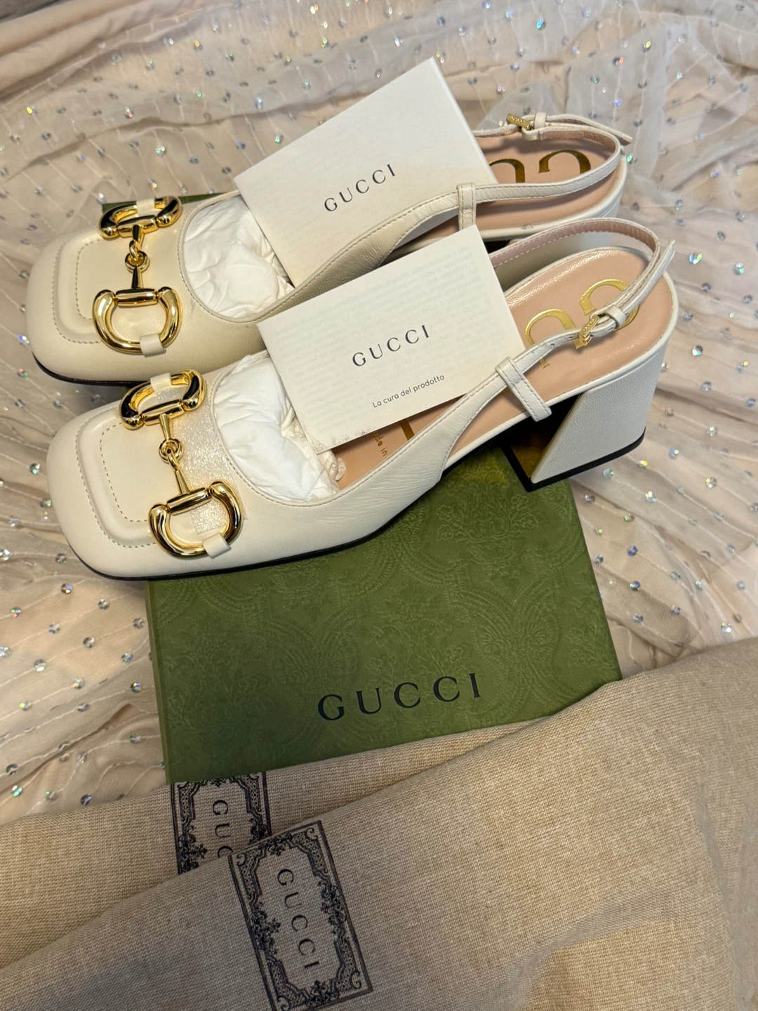 Gucci Women's White Leather Horsebit Slingback Sandals Size 36