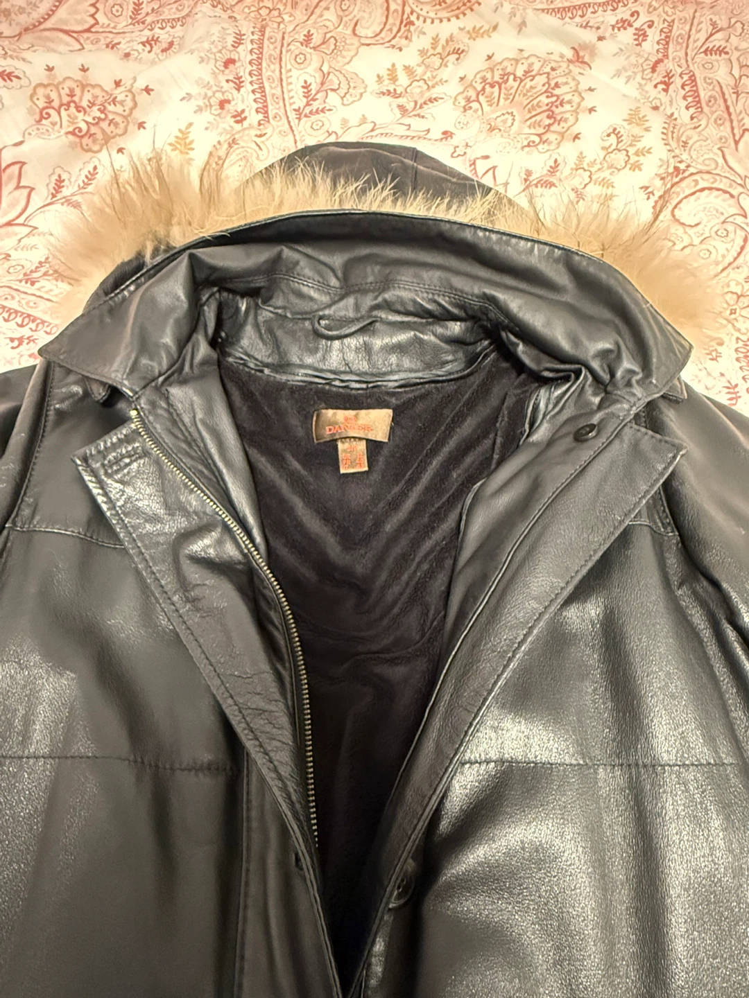 DANIER Black Leather Parka Jacket with Fur Hood