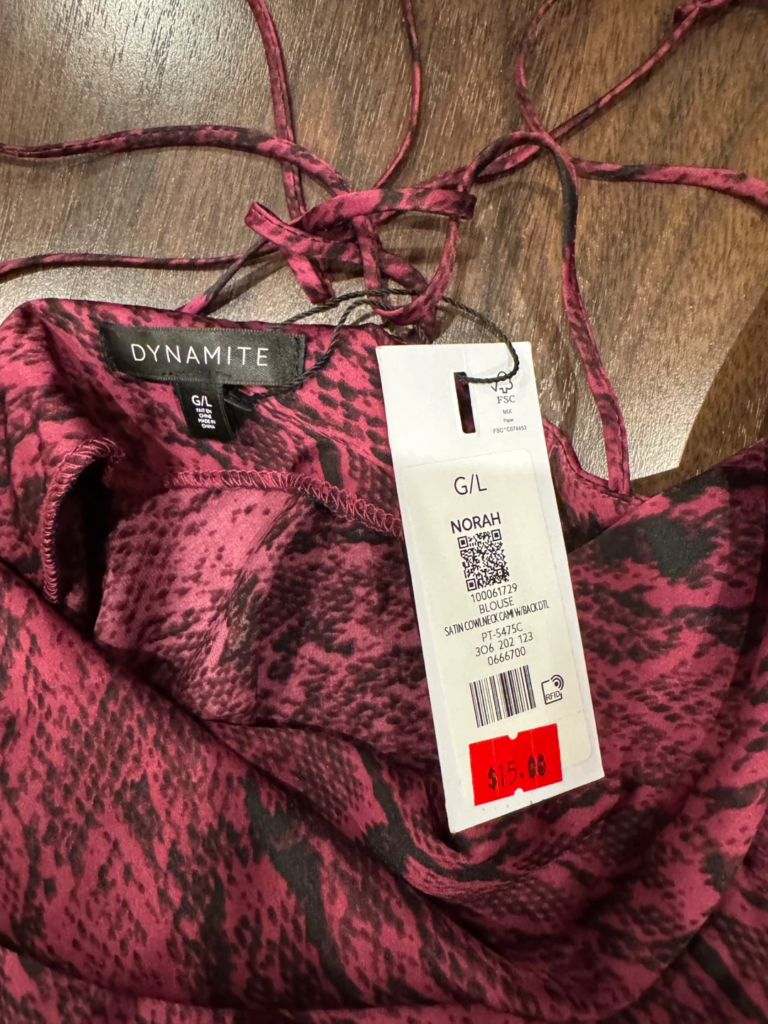 DYNAMITE Fuschia Snake Print Satin Cowl Neck Top - Size L - photo 2