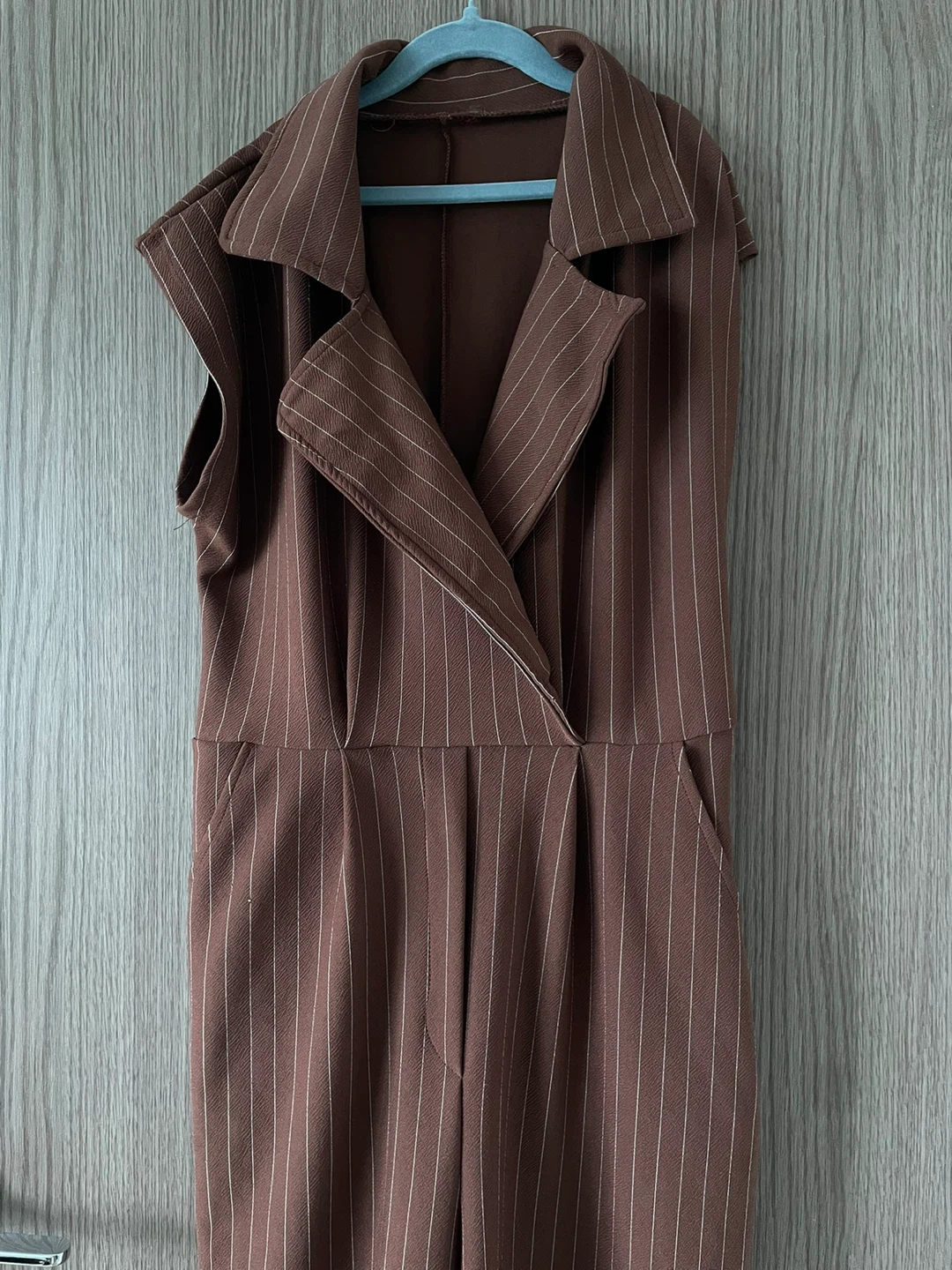 Brown pinstripe sleeveless jumpsuit