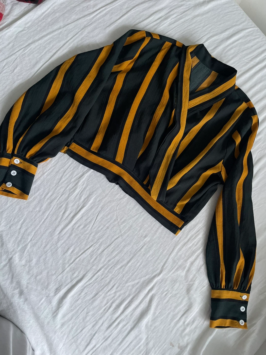 Women's Striped Vibrant Green & Mustard Long Sleeve Crop Top - photo 2