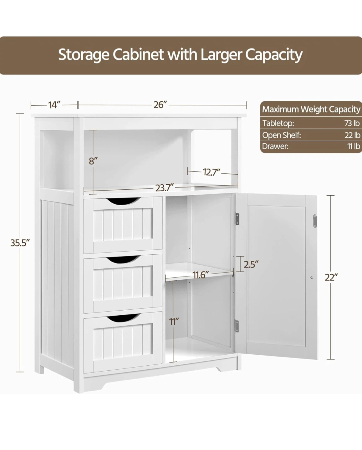 White Storage Cabinet with 3 Drawers and Door - photo 2