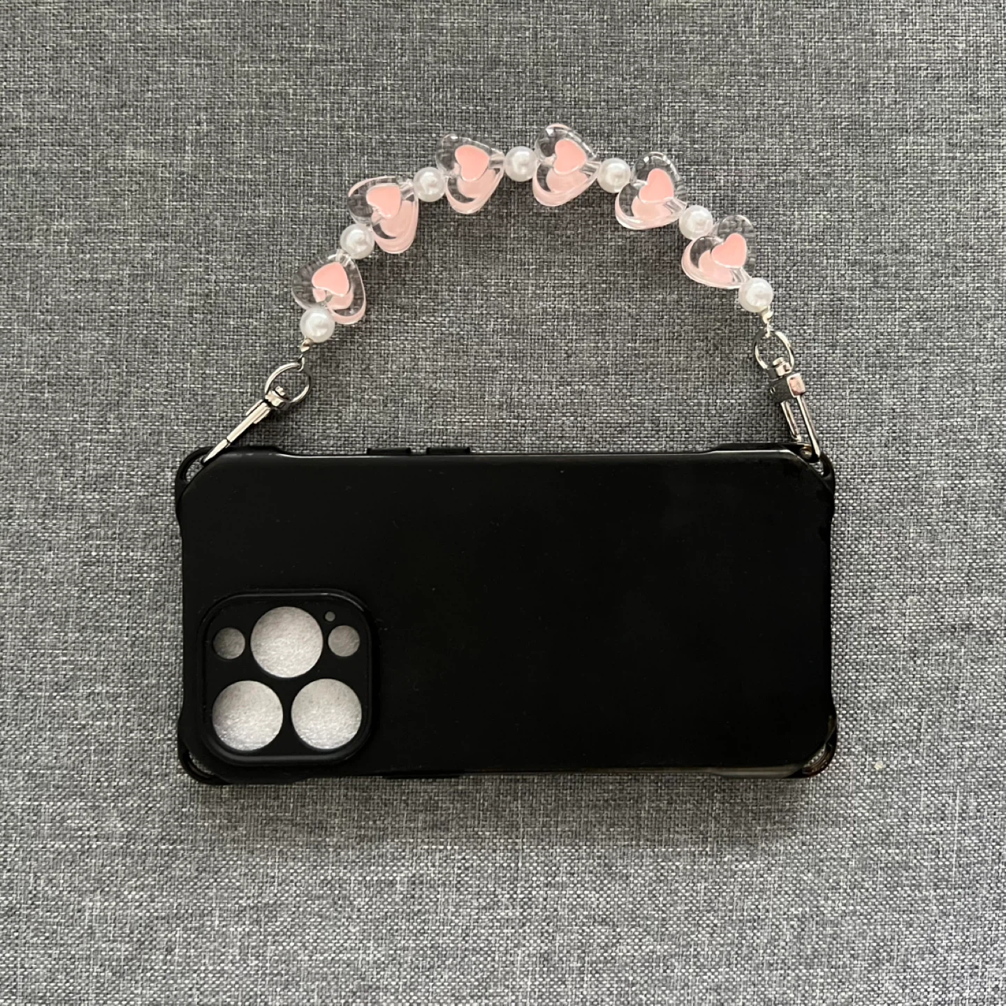 iPhone 13 Pro Black Phone Case with Pink Heart Bead Strap - photo 4