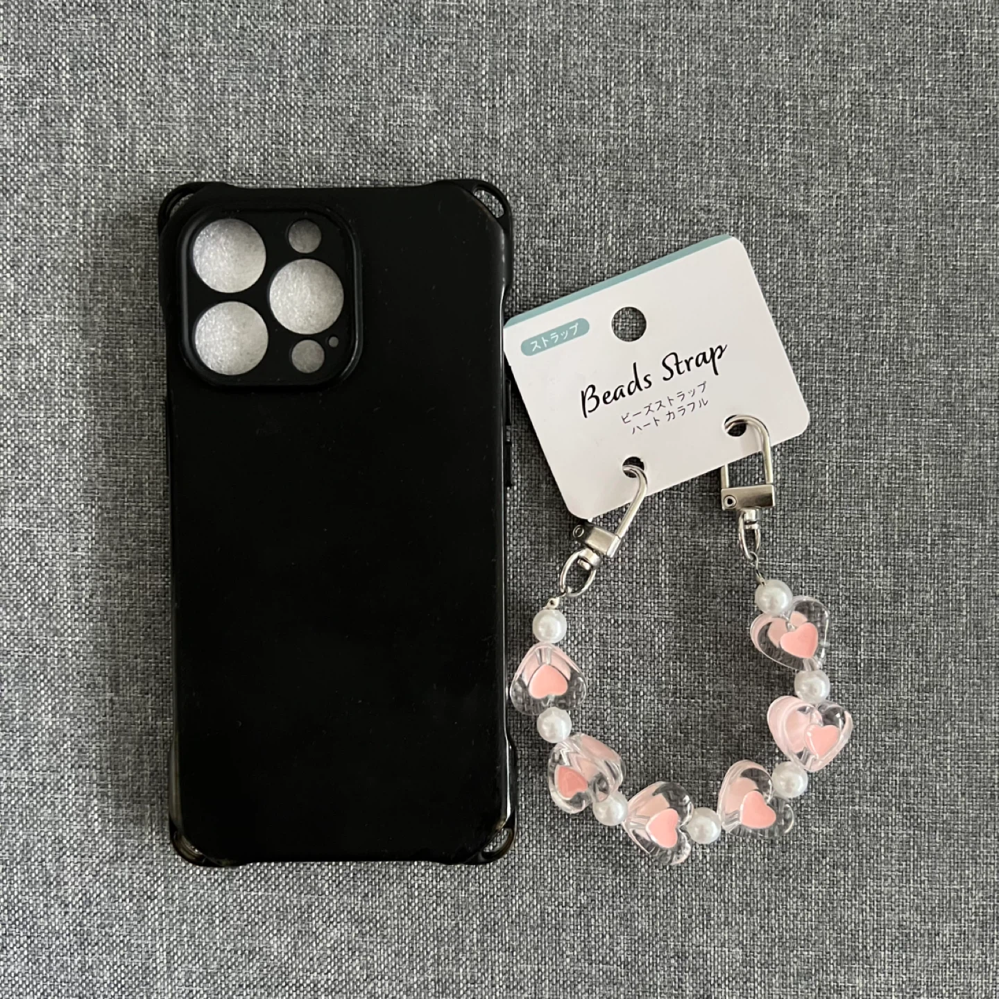 iPhone 13 Pro Black Phone Case with Pink Heart Bead Strap - photo 2