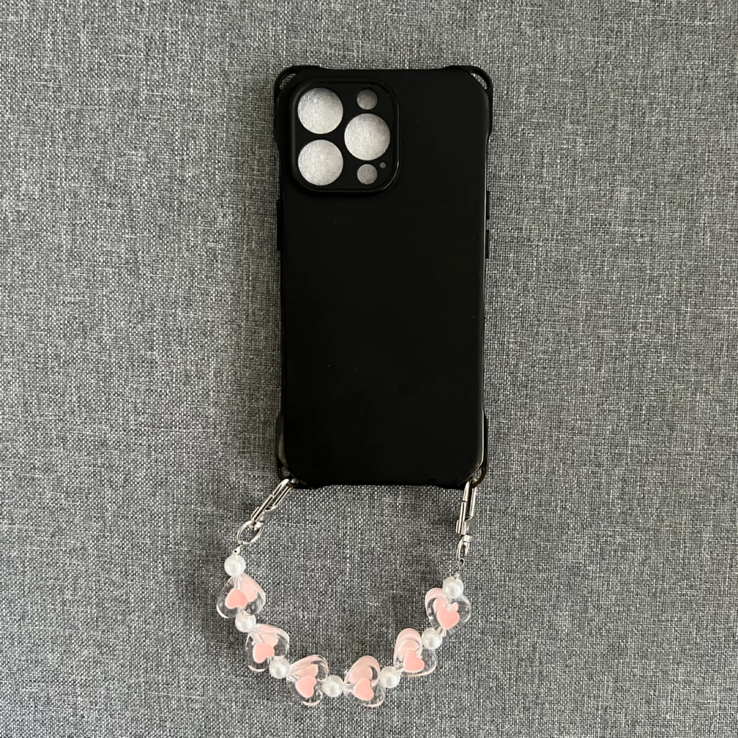 iPhone 13 Pro Black Phone Case with Pink Heart Bead Strap