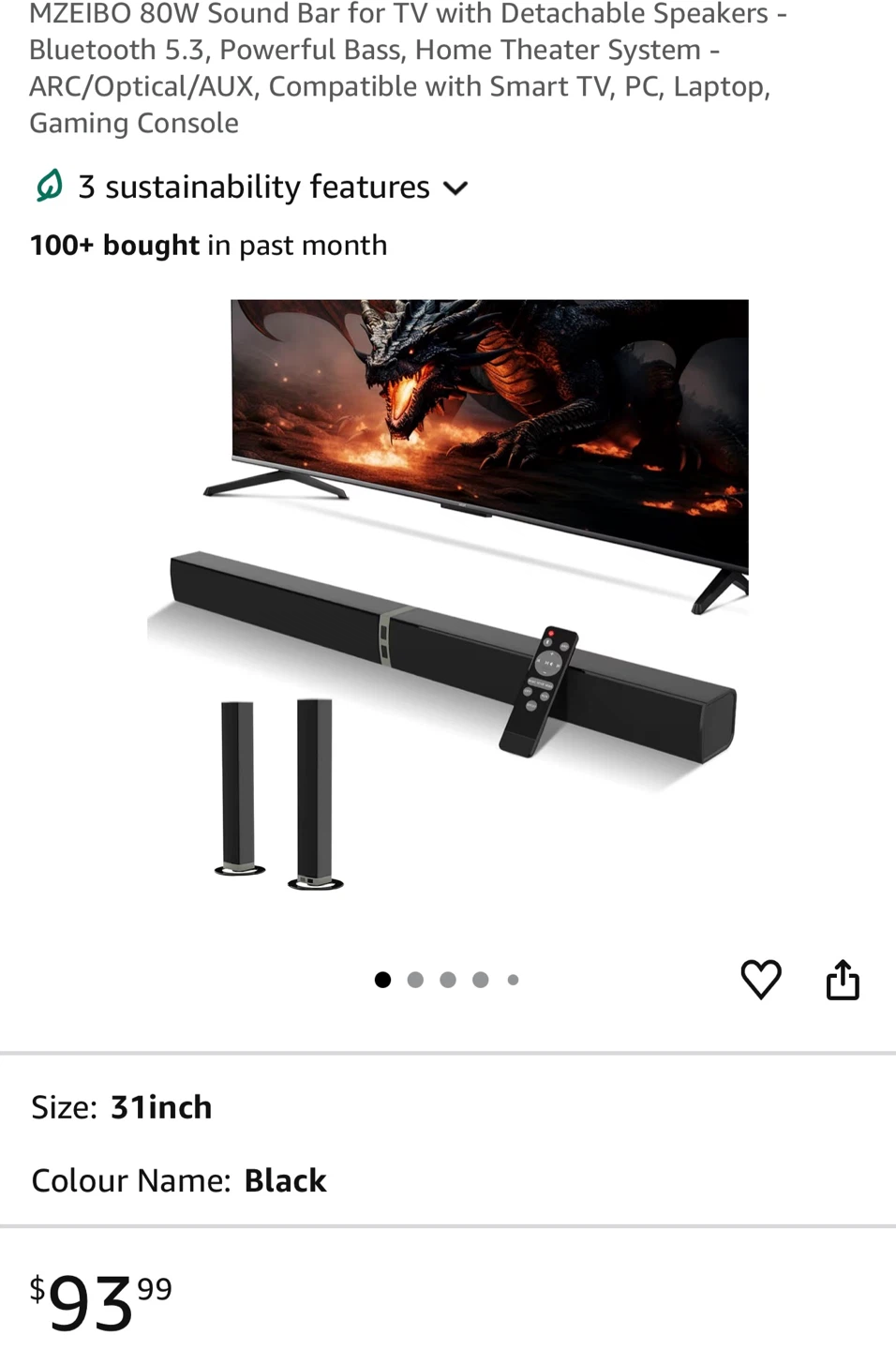 80W Sound Bar with Detachable Speakers - 31-inch Black SB5
