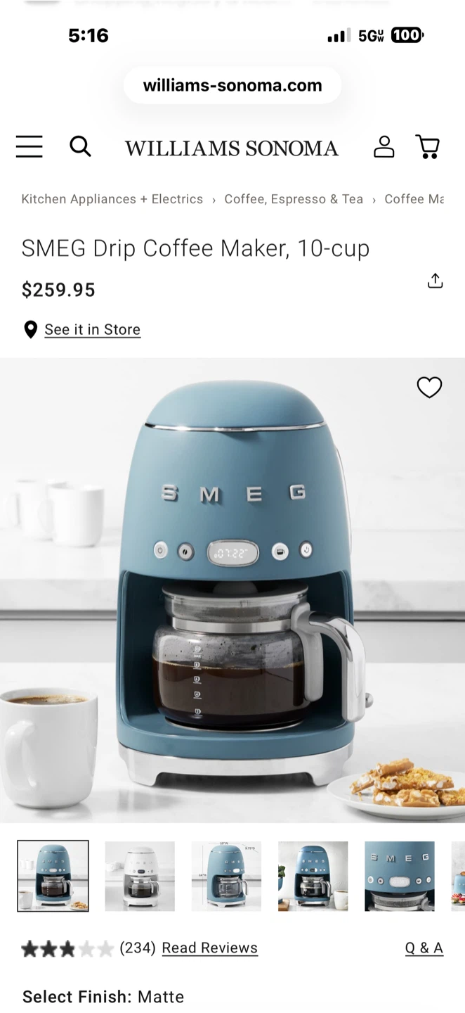 SMEG Drip Coffee Maker, 10-cup