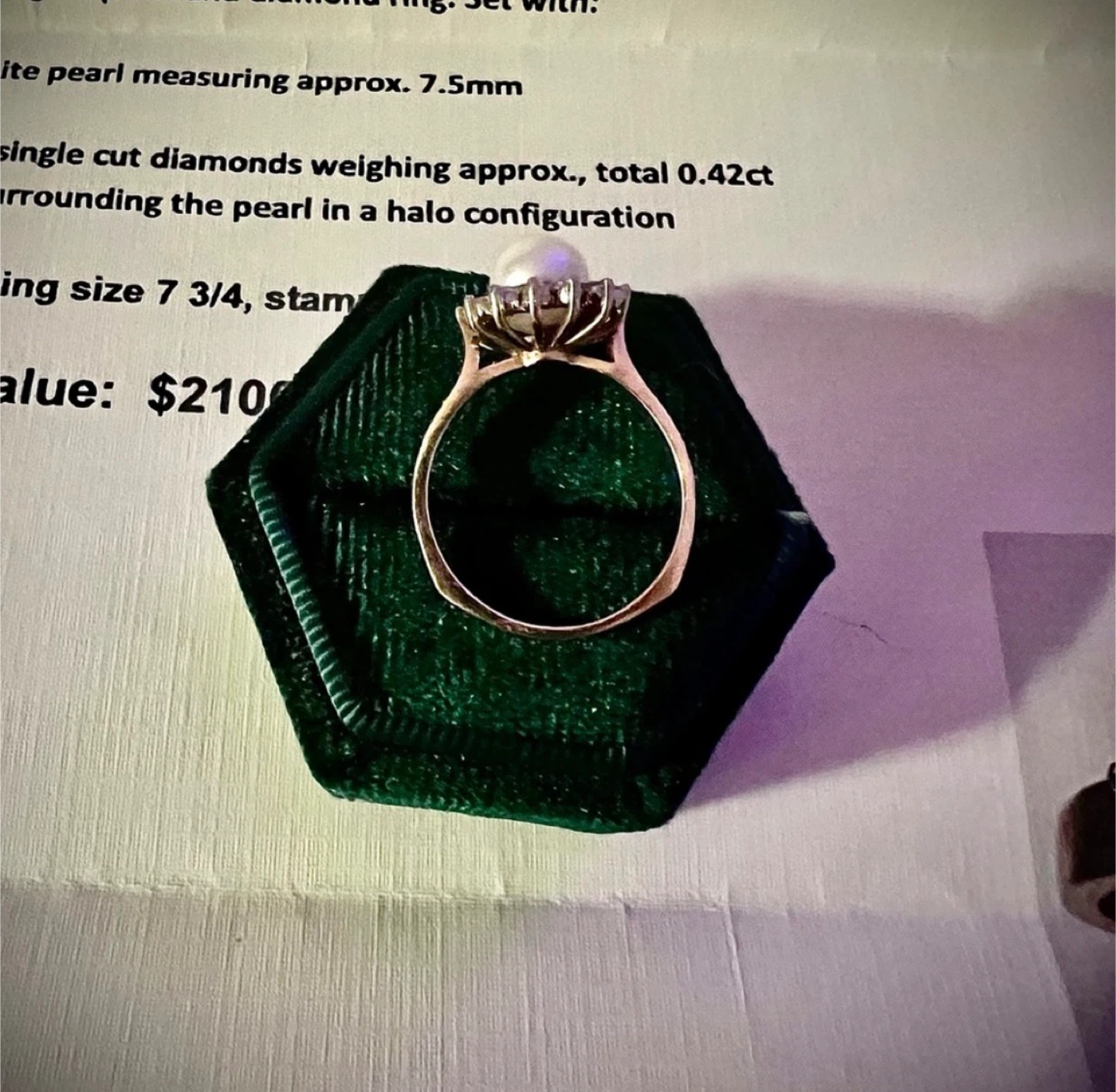 14K YG Pearl & Diamond Ring (4.3g) ( Diamond .42ct) Sz. 7-3/4. - photo 5