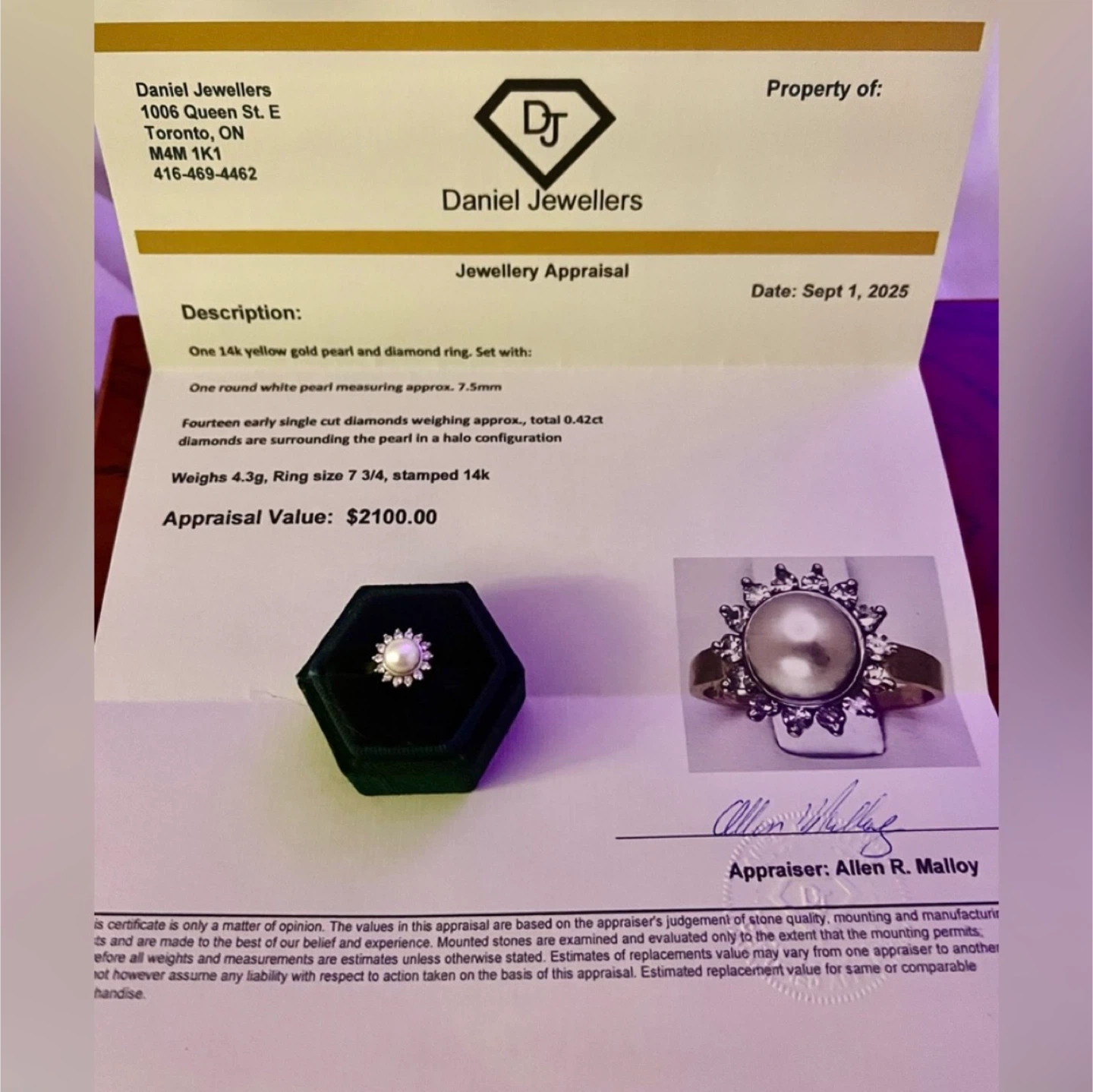 14K YG Pearl & Diamond Ring (4.3g) ( Diamond .42ct) Sz. 7-3/4.