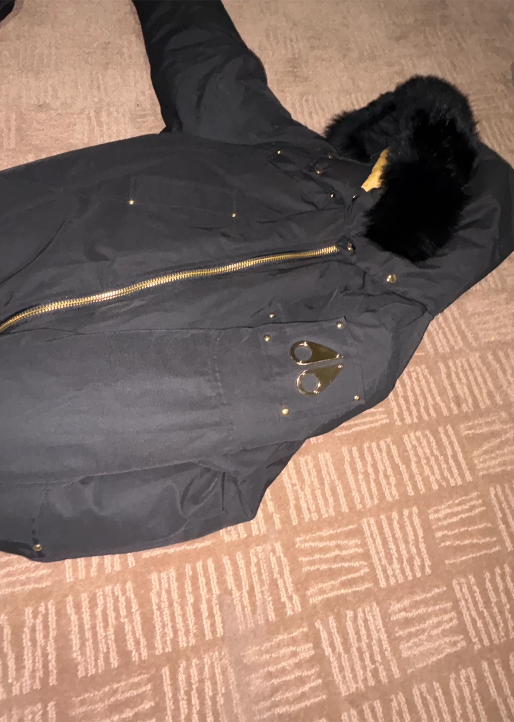 Moose Knuckles Black Down Filled Bomber Jacket with Fur Hood