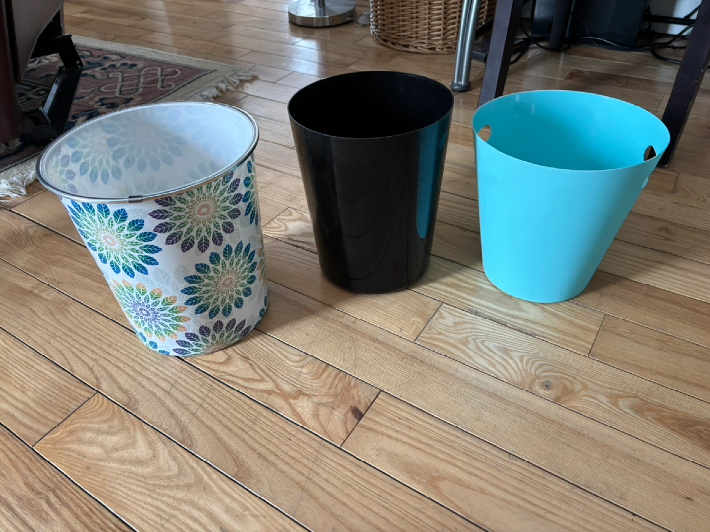Set of 3 Small Trash Cans - White Floral, Black, and Blue