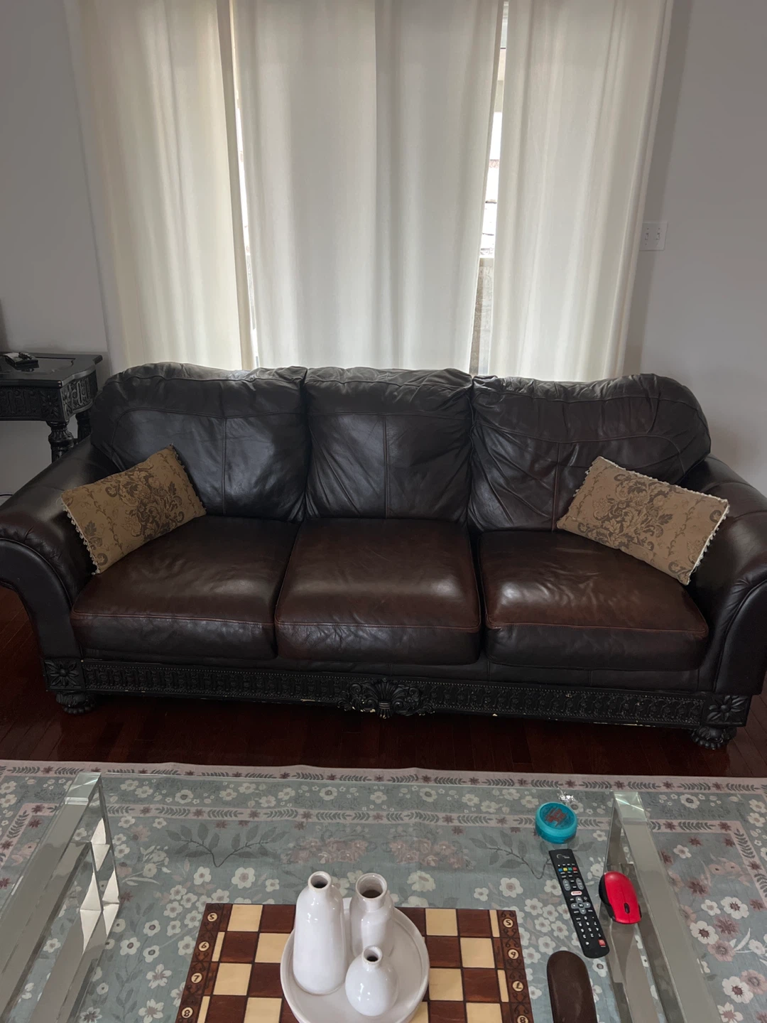 2 Brown Leather Three-Seater Sofa