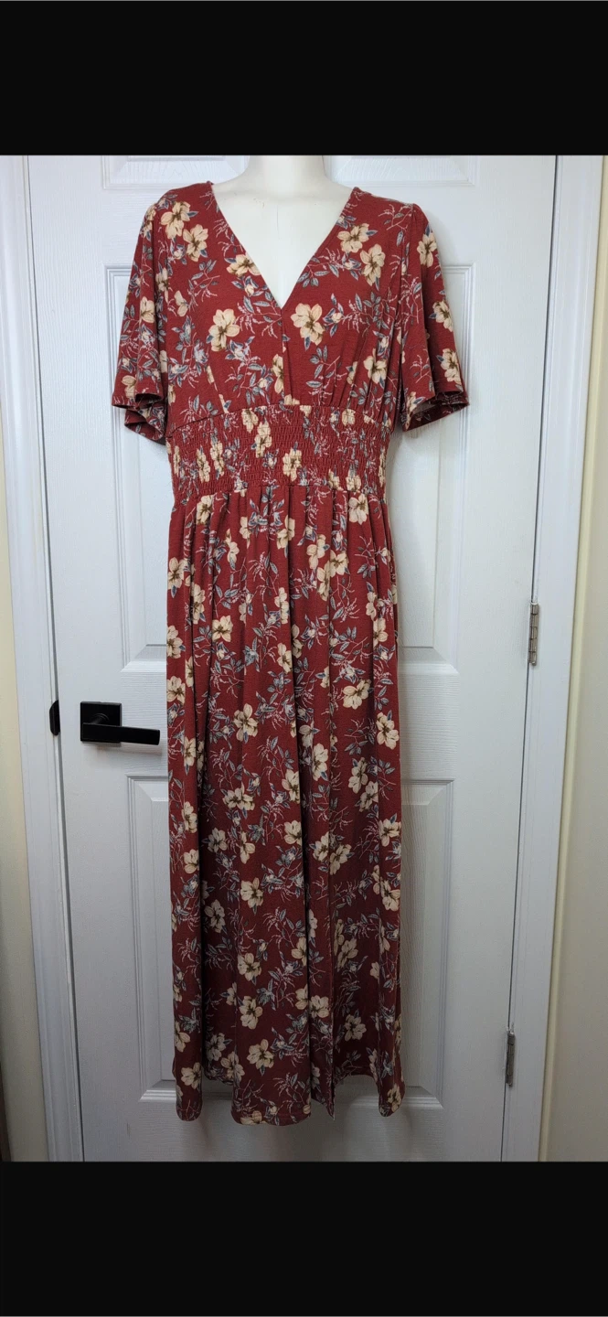 NEW Red Floral Smocked Waist Maxi Dress – Flowy Boho Style - photo 3