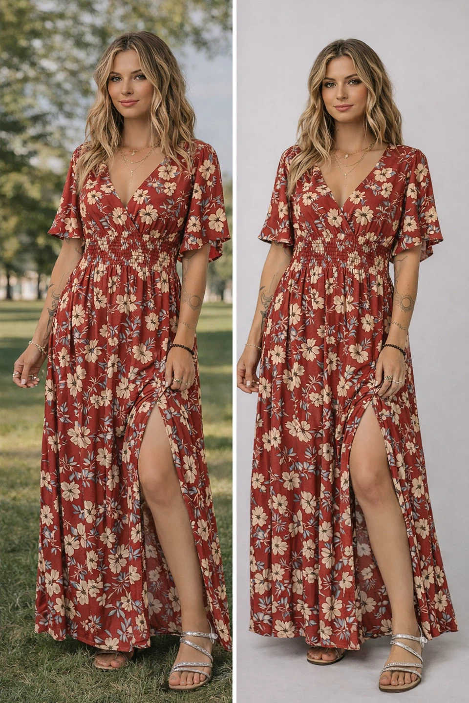 NEW Red Floral Smocked Waist Maxi Dress – Flowy Boho Style