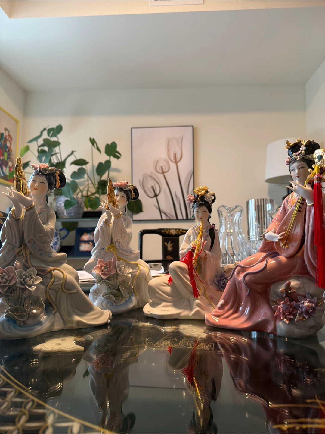 Set of 4 Porcelain Asian Women Figurines Musical Instruments