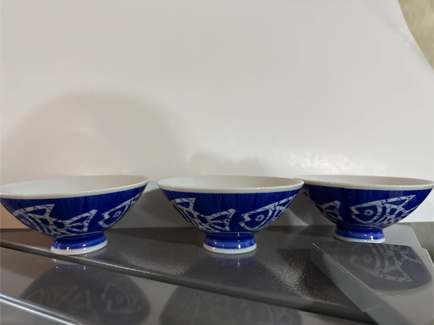 Set of 3 Blue & White Fish Design Rice Bowls