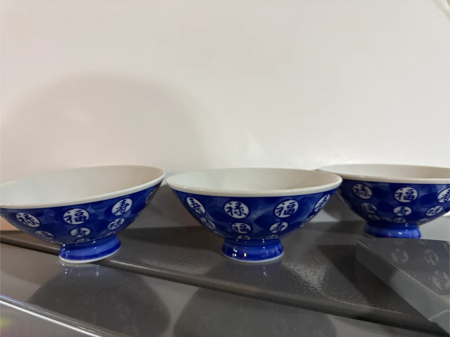 Set of 3 Blue and White Ceramic Bowls with Asian Characters