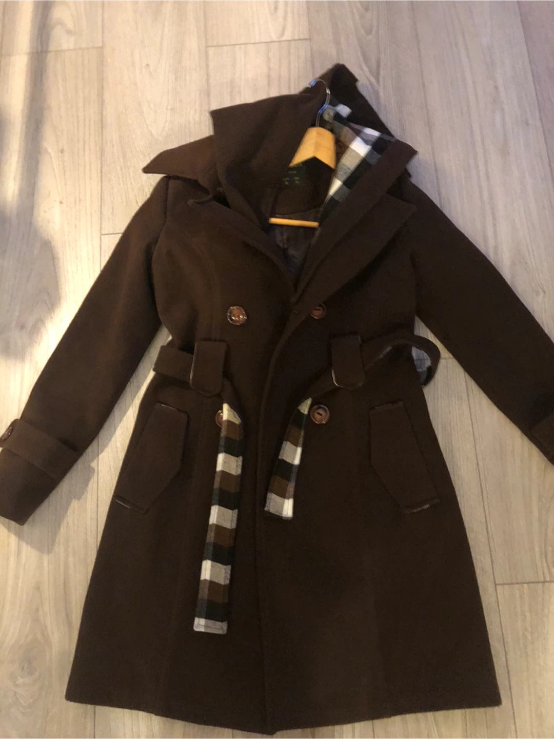 Best Moda Brown Hooded Trench Coat with Plaid Lining - photo 2