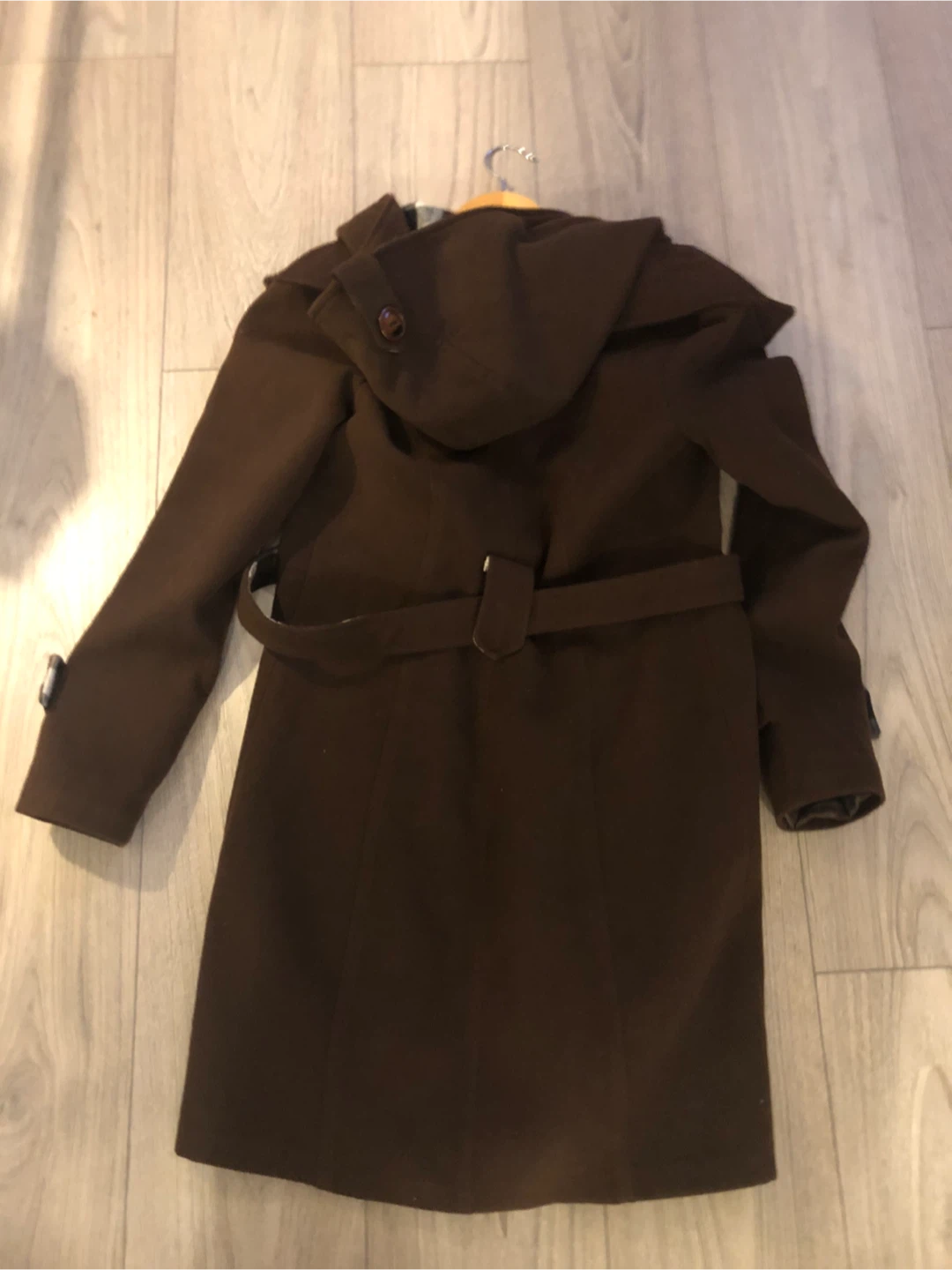 Best Moda Brown Hooded Trench Coat with Plaid Lining - photo 4