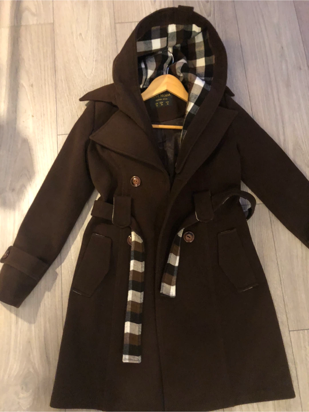 Best Moda Brown Hooded Trench Coat with Plaid Lining - photo 3