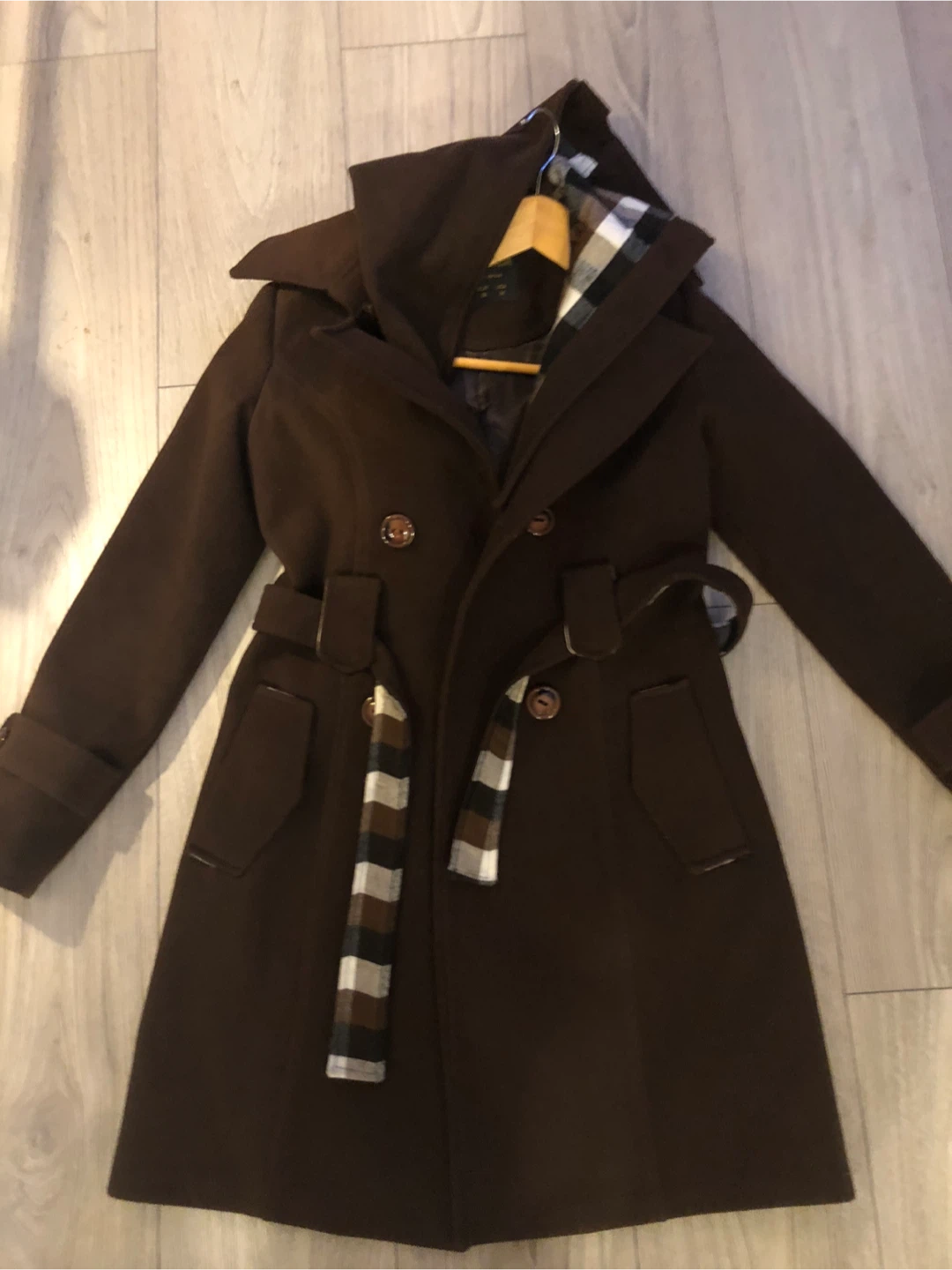 Best Moda Brown Hooded Trench Coat with Plaid Lining