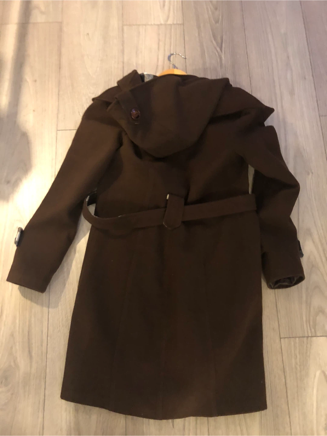 Best Moda Brown Hooded Trench Coat with Plaid Lining - photo 5
