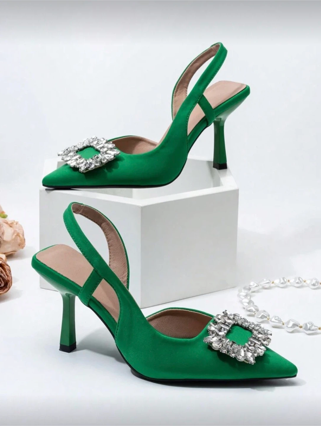 Women's Green Slingback Heels with Rhinestone Buckle