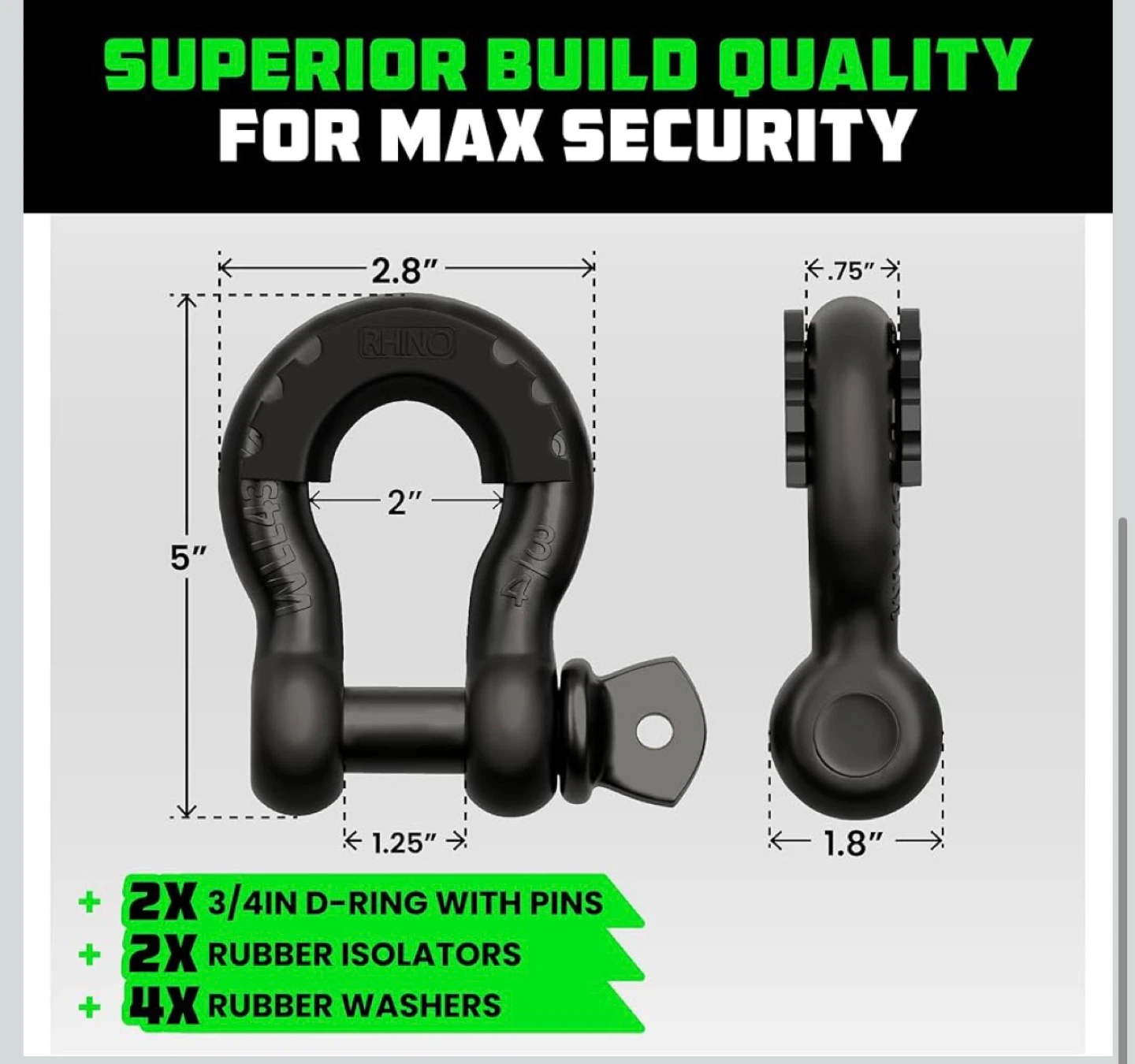 Rhino USA D Ring Shackles (2-Pack) (Matte Black) - photo 5