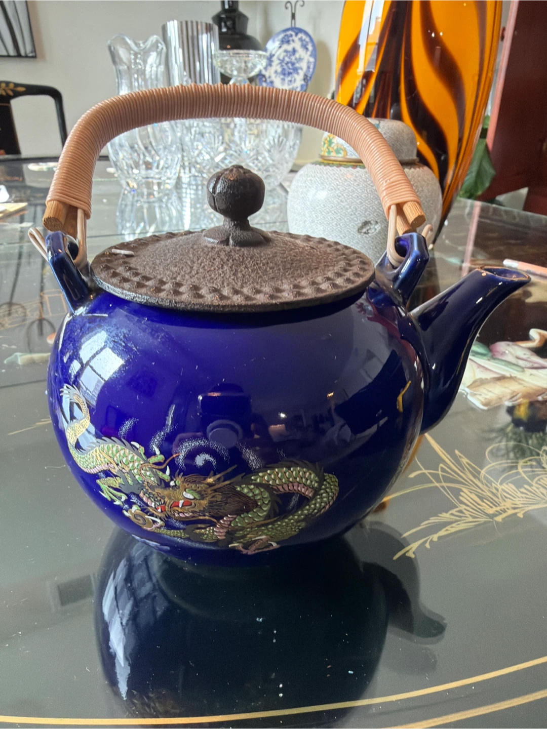 Blue Ceramic Dragon Teapot with Wicker Handle